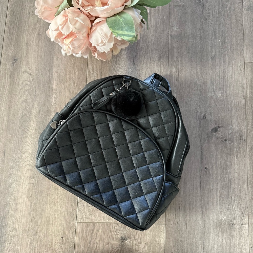 New EcoSusi Black Leather Quilted Mini‎ Poof Ball Backpack